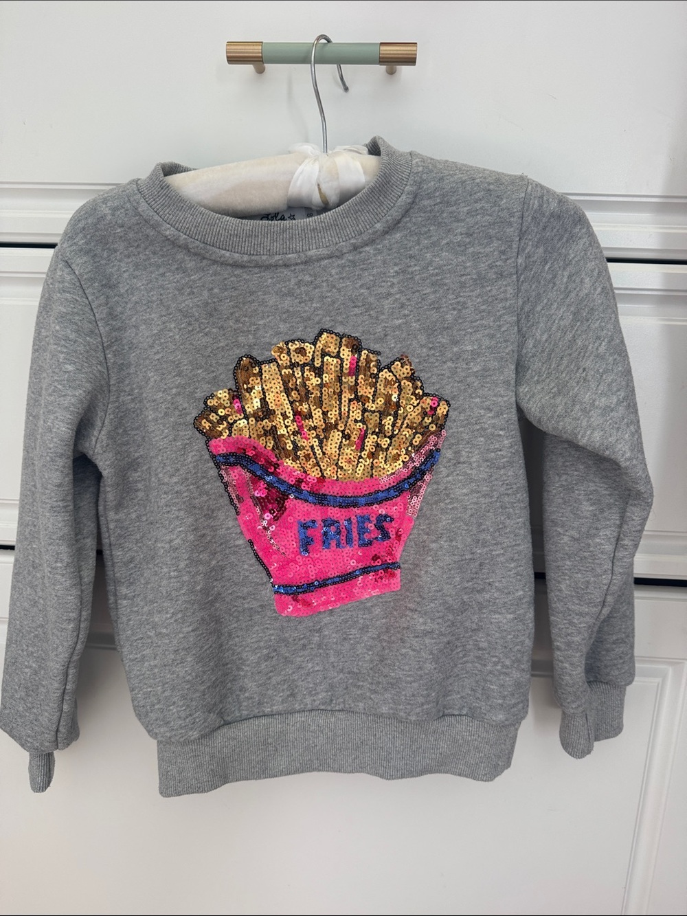 Lola + The Boys Gray Sweatshirt with Gold Sequin Fries and Pink Detail